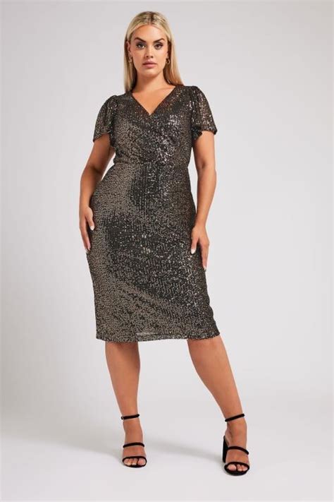 Yours London Plus Size Black Gold Sequin Embellished Wrap Dress