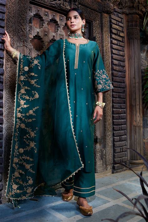 Buy Green Kurta Chanderi Embroidery Dori Notched Placement Set For