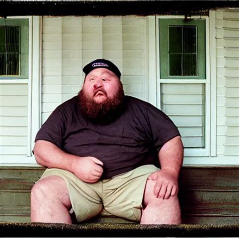 Close Up Portrait Of Fat Redneck Man Sitting On Front Stable Diffusion