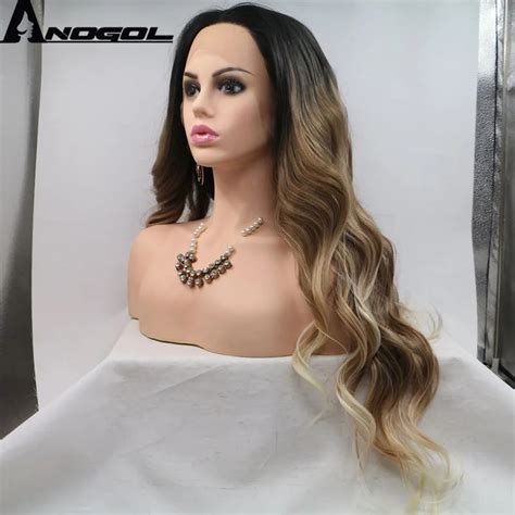 Anogol Inch Long Body Wave Synthetic Hair Wigs Black Ombre Blonde