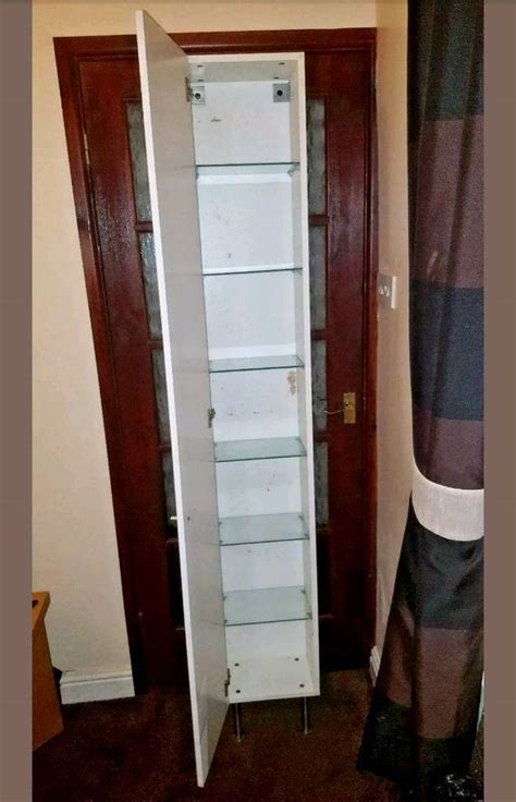 Ikea Vattern Tall Slim Bathroom Cabinet White Gloss Door Glass