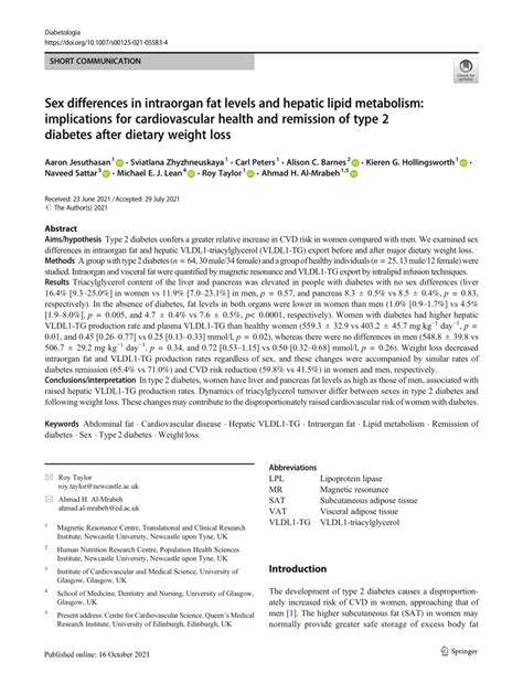 Pdf Sex Differences In Intraorgan Fat Levels And Hepatic Lipid