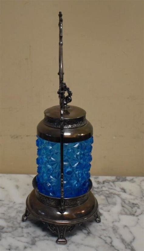 Antique Blue Glass Pickle Castor W Meriden Company Silver Plate Holder