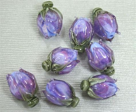 Variegated Purple Rosebud Handmade Lampwork Flower Beads Sra Beaded Flowers Rose Buds Lampwork