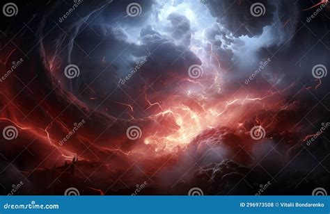 Fiery Lightning in Dark Stormy Sky. 3D Illustration. Stock Illustration ...