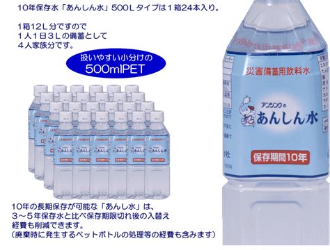 【楽天市場】【同梱不可】アンシンク あんしん水 10年保存水 500ml×24本 1ケース 賞味期限：2034年12月 【リマインダーサービス