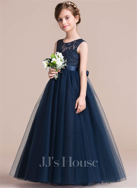 A Line Princess Floor Length Flower Girl Dress Satin Tulle Lace