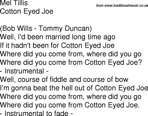 Cotton Eyed Joe Lyrics Poem