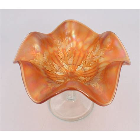 Fenton Marigold Iridescent Carnival Glass Footed Compote Holly Pattern Vintage Etsy