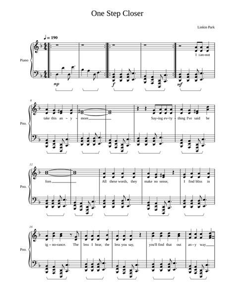 One Step Closer Linkin Park Sheet Music For Piano Solo