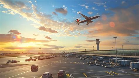 Premium Photo A Plane Taking Off From The Runway At Sunset The