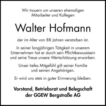 Traueranzeigen Von Walter Hofmann Trauerportal Ihrer Tageszeitung