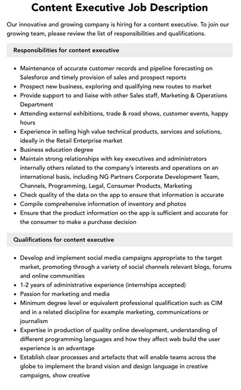 Content Executive Job Description Velvet Jobs