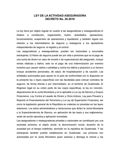 LEY DE LA Actividad Aseguradora LEY DE LA ACTIVIDAD ASEGURADORA