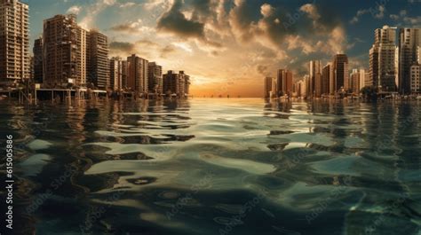 Drowning Cities Urban Areas Submerged In Rising Sea Levels Portraying