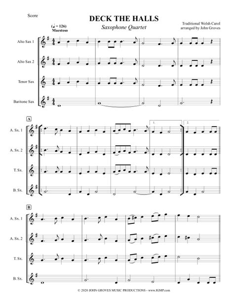 Deck The Halls Saxophone Quartet Arr John Groves Sheet Music