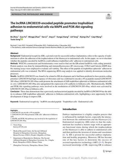 The LncRNA LINC00339 Encoded Peptide Promotes Trophoblast Adhesion To