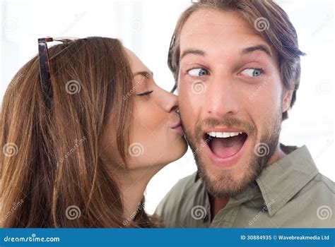 Woman Kissing Man With Beard On The Cheek Stock Image Image Of Pretty