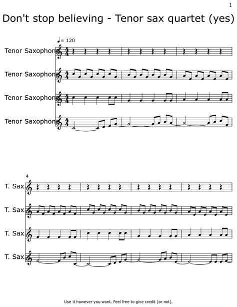 Don T Stop Believing Tenor Sax Quartet Yes Sheet Music For Tenor Saxophone