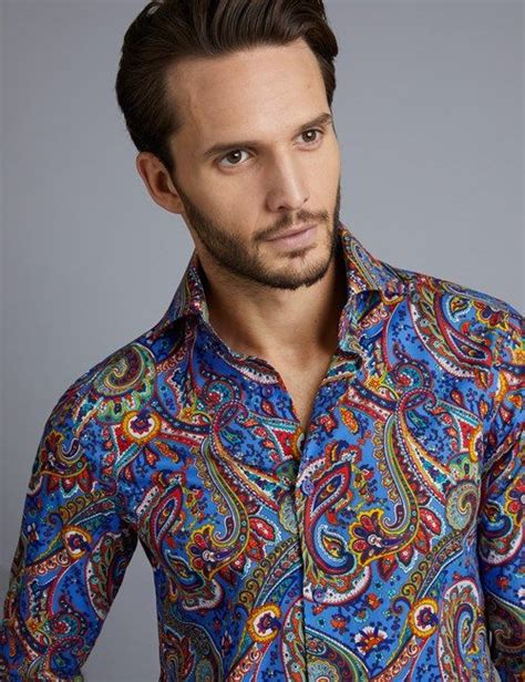 Men S Curtis Blue Orange Paisley Print Slim Fit Shirt High Collar