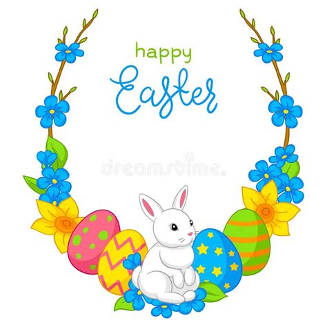 Happy Easter Illustration Cute Bunny Eggs And Flowers For Traditional