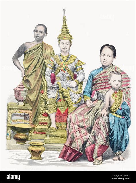 19th Century Xix 1886 Burma King And Queen With Buddhist Monk Stock