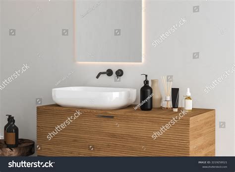 D Render Wooden Vanity Counter Whiteceramic Stock Illustration