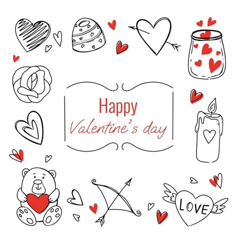 Premium Vector Set Of Doodle Elements For Valentines Day Text Happy