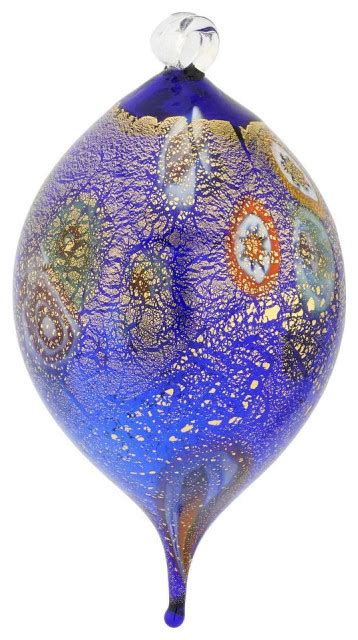 Glassofvenice Murano Glass Millefiori Drop Christmas Ornament Blue Gold Traditional