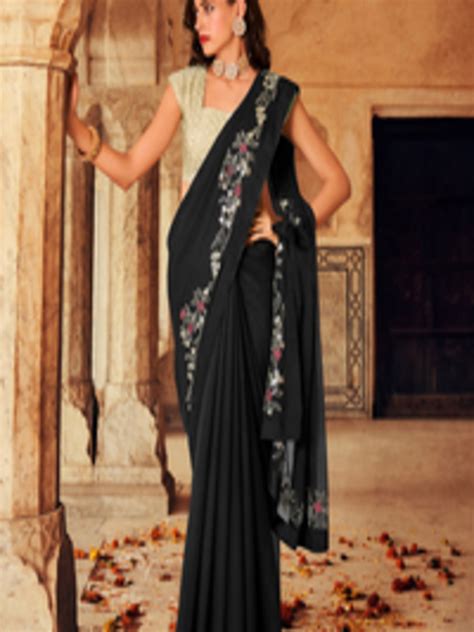 Buy Shaily Black White Floral Embroidered Pure Chiffon Saree Sarees