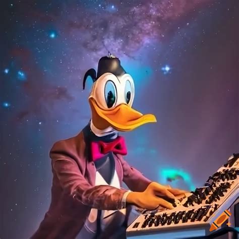 Donald Duck Playing A Synthesizer With Vibrant Lighting And Milky Way