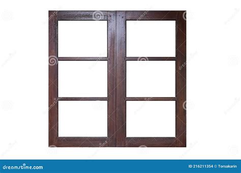 Brown Painted Wooden Window Frame Isolated On A White Background Stock