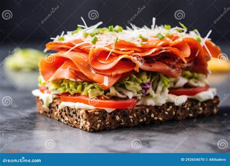 open faced sandwich  perfect layers  granite stock photo image