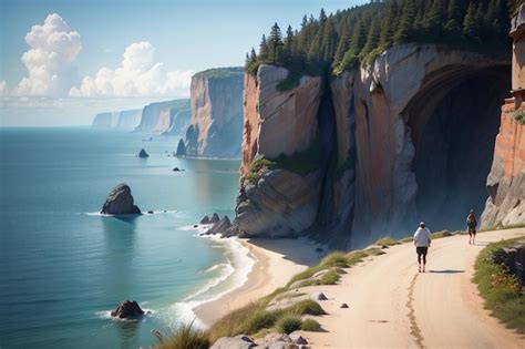 Premium AI Image | A man and woman walking on a path near the cliffs of ...