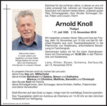 Traueranzeigen Von Arnold Knoll Trauer Bz