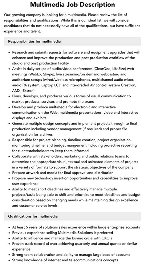 Multimedia Job Description Velvet Jobs