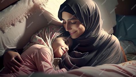 Premium Photo Generative Ai Happy Muslim Mother Cuddling With Her