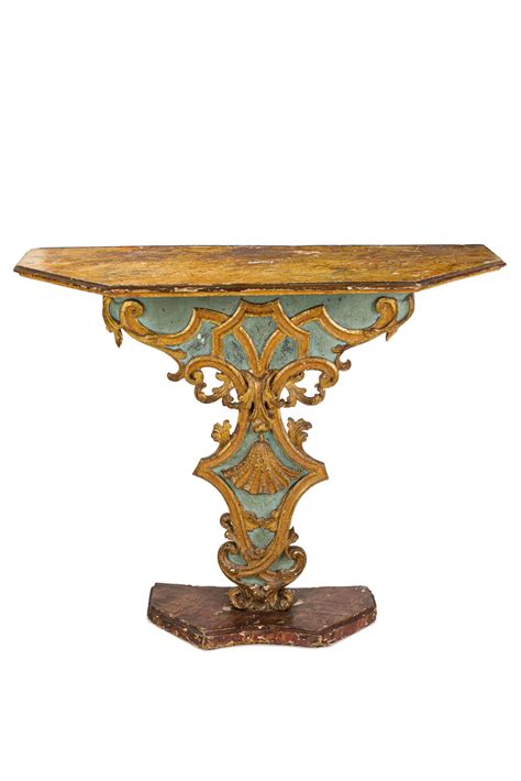 A CARVED LACQUERED AND GILT WOOD CONSOLE 18TH CENTURY DEFECTS