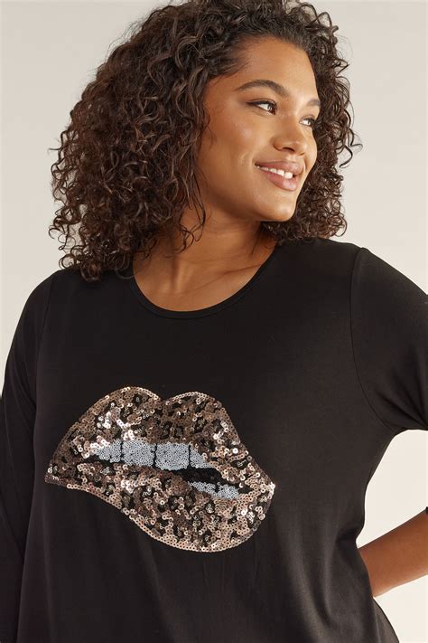 EVANS Plus Size Black Sequin Lips Top Evans