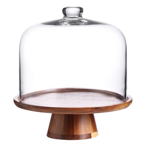 Flat Round Wood Server Cake Stand With Glass Dome