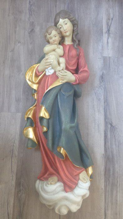 Carving Holzfigur Farbige Madonna Maria Mutter Gottes Mit Jesu