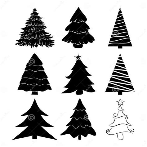 Christmas Tree Silhouettes Set Black Pines Icon For Xmas Card Or Invitation Symbol Of December