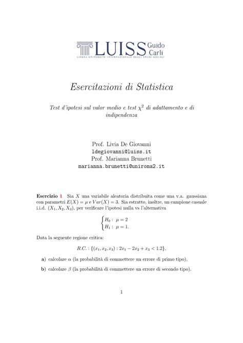 Esercitazione Test Delle Ipotesi Esercitazioni Di Statistica Test D