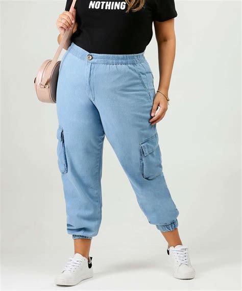 Calça Plus Size Feminina Jeans Jogger Cargo Razon Marisa