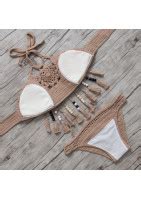 Two Pieces Bikini In Attractive Picked Macram Fringe With Wooden Pearls