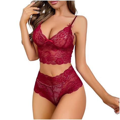 XMMSWDLA Sexy Sheer Floral Lace Pajamas Lingerie Set High Waist