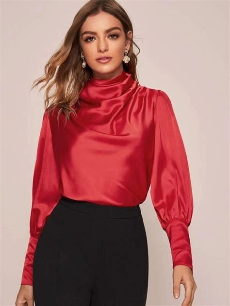 Style Glamorous Color Red Bright Pattern Type Plain Collar Cowl Neck Length Regular Shirt