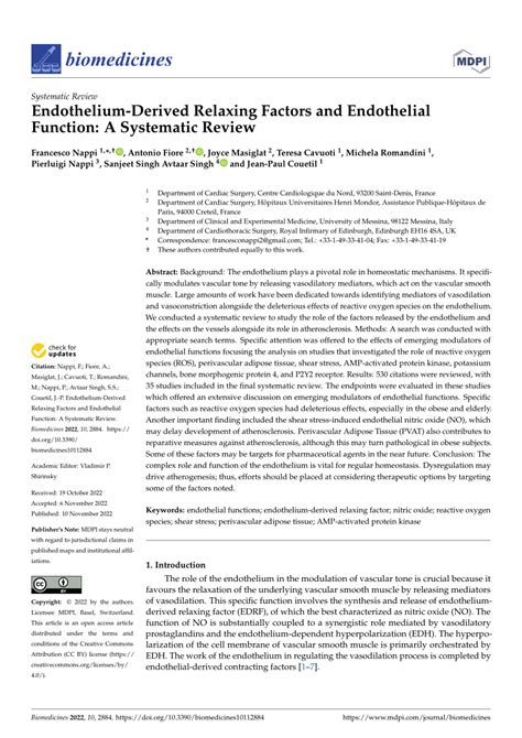 Pdf Endothelium Derived Relaxing Factors And Endothelial Function A