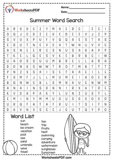 Printable Summer Word Search With Answers