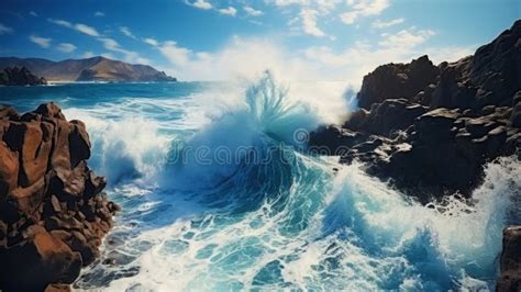 A Realistic Photo Of A Stormy Sea Off The Coast With Big Waves Crashing